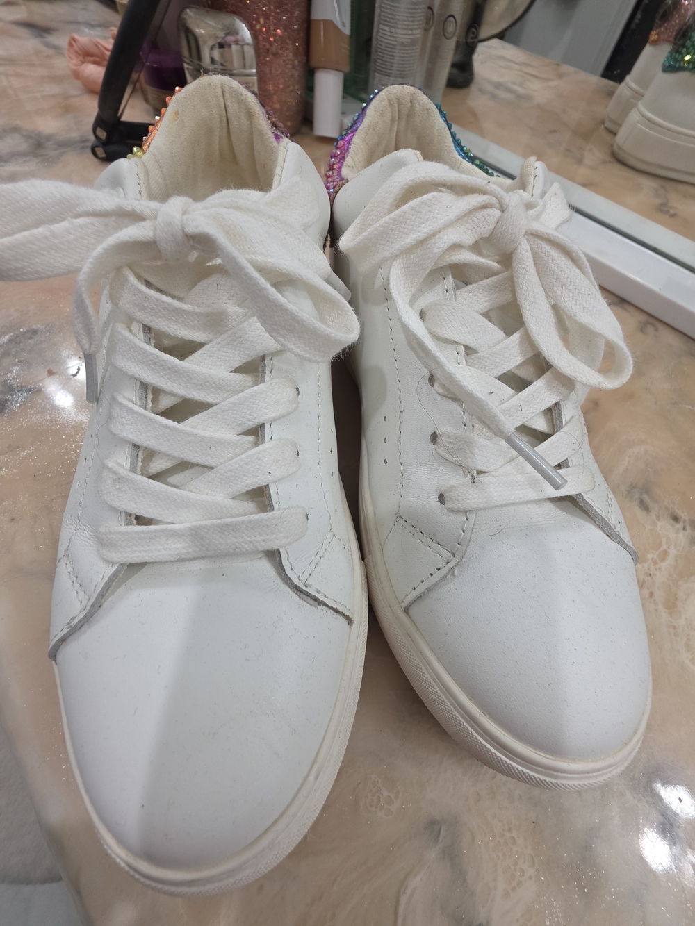 Kurt Geiger White Sneakers with Rainbow Glitter Heel